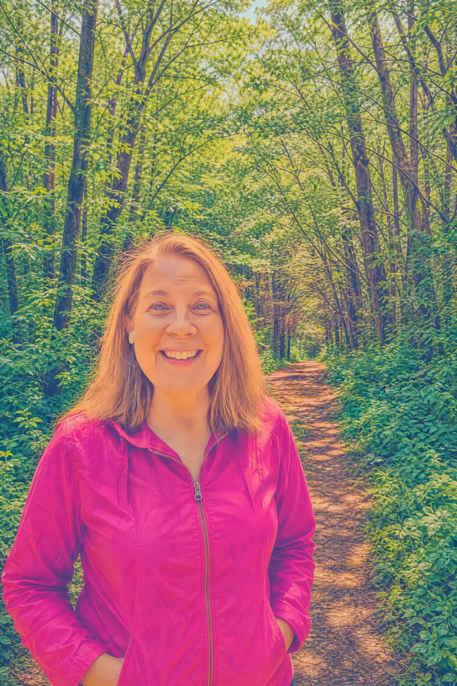 Dana Wilde outdoors in the woods at her Wisconsin home