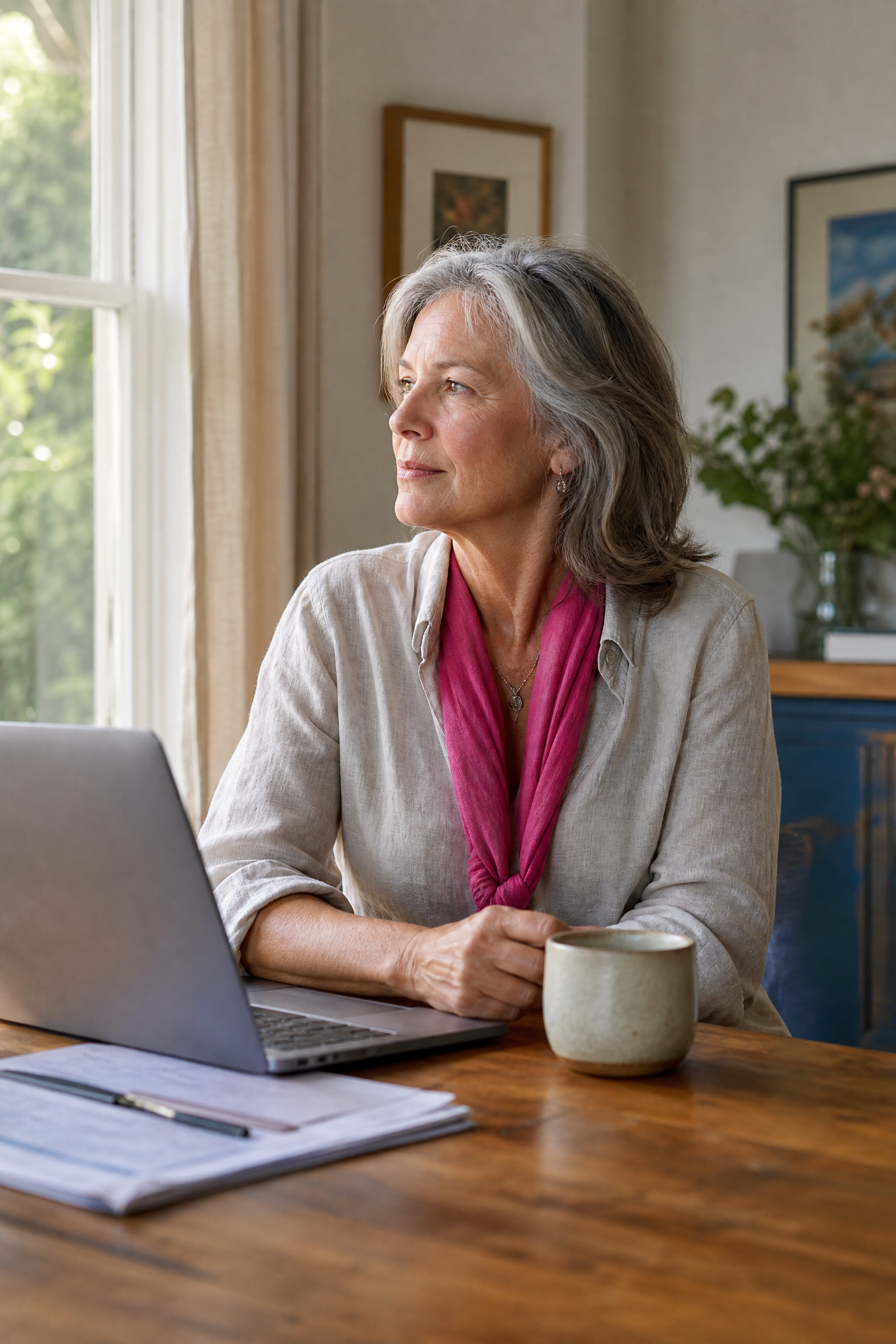 A woman sitting at her desk, looking away from her laptop in thought
