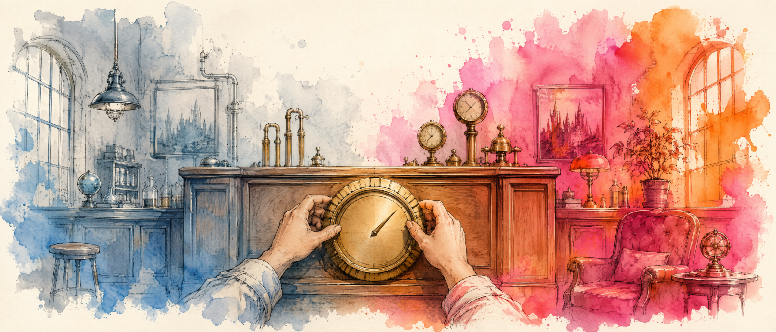 Two hands turning a large brass tuning dial, the room shifting from cold and colorless on the left to warm and vivid on the right.