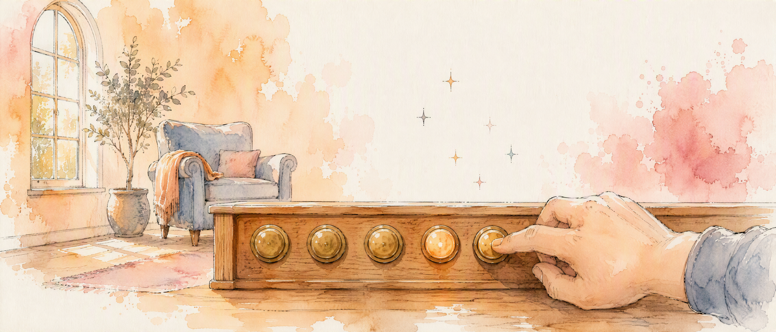A relaxed hand pressing one of five worn brass preset buttons on a wooden console in a calm, sunlit room.