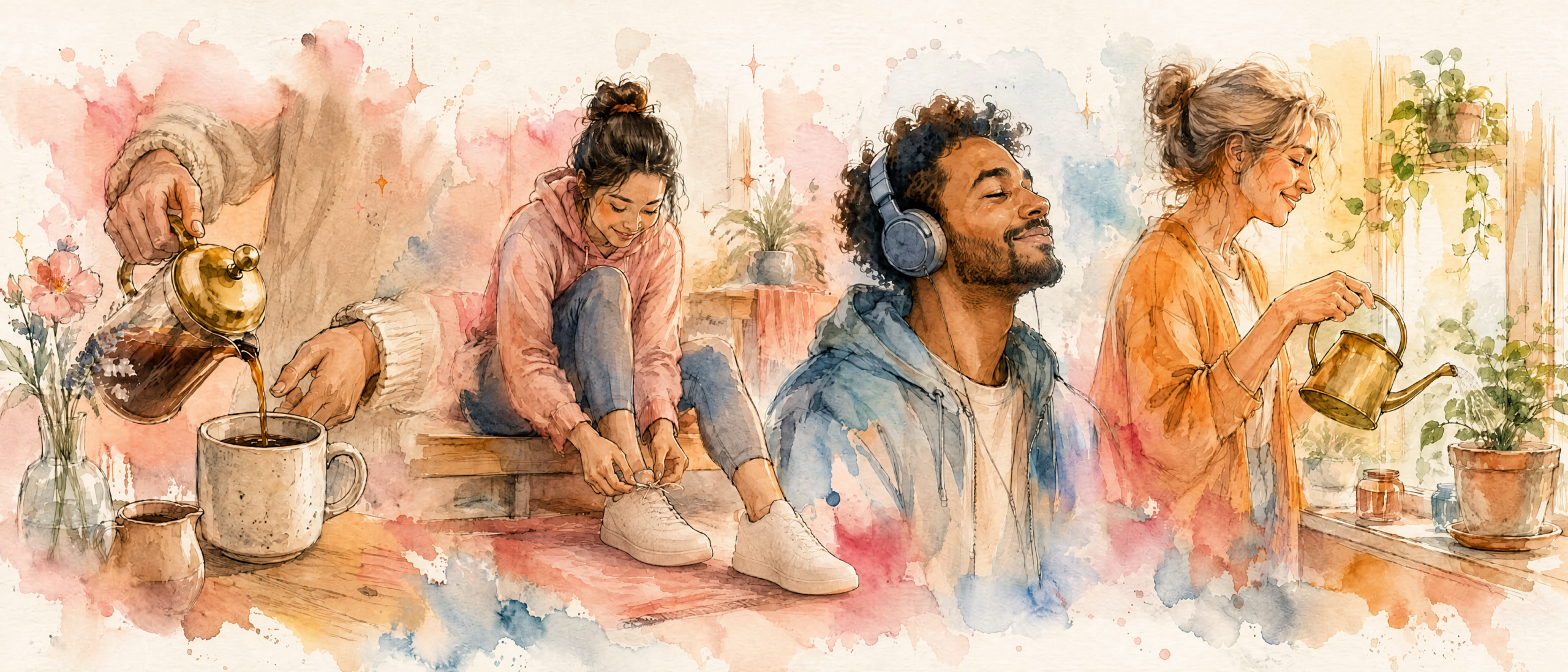 Watercolour illustrations of four everyday moments — pouring coffee, tying walking shoes, listening to music, watering a plant