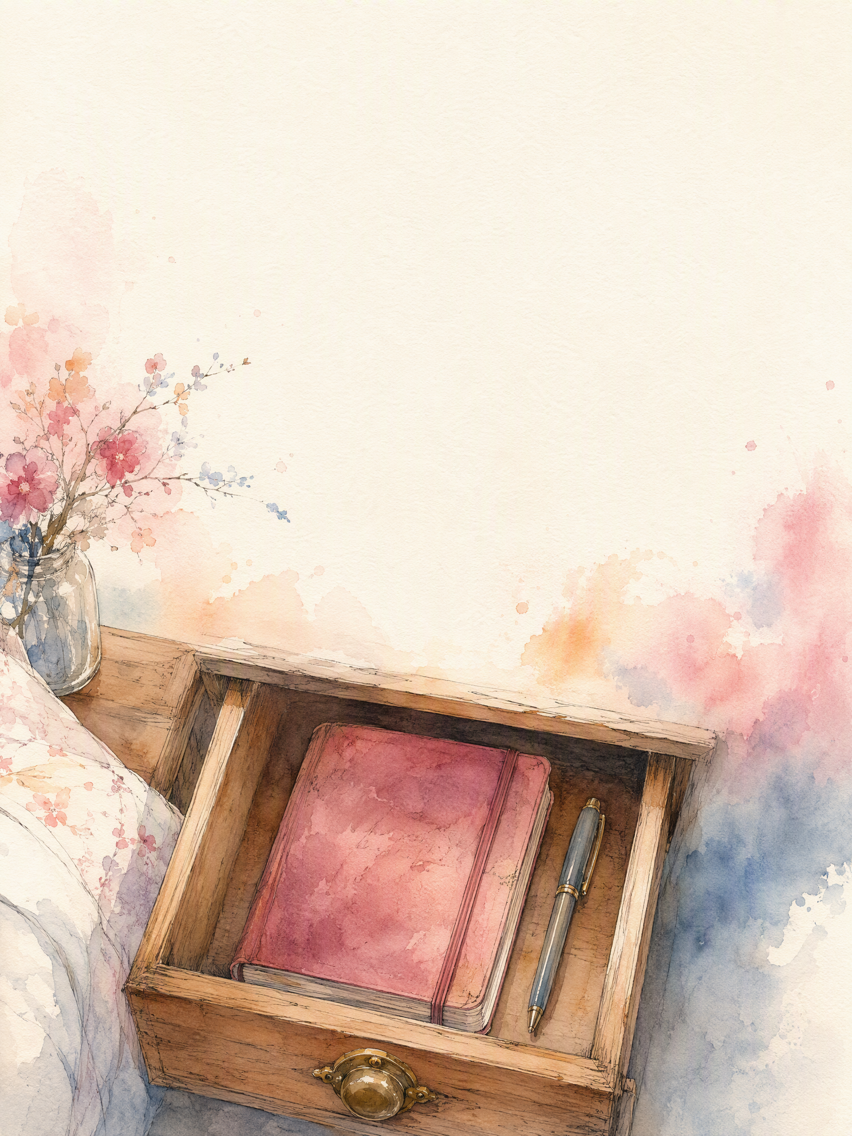Watercolour illustration of a closed journal and pen inside an open bedside drawer