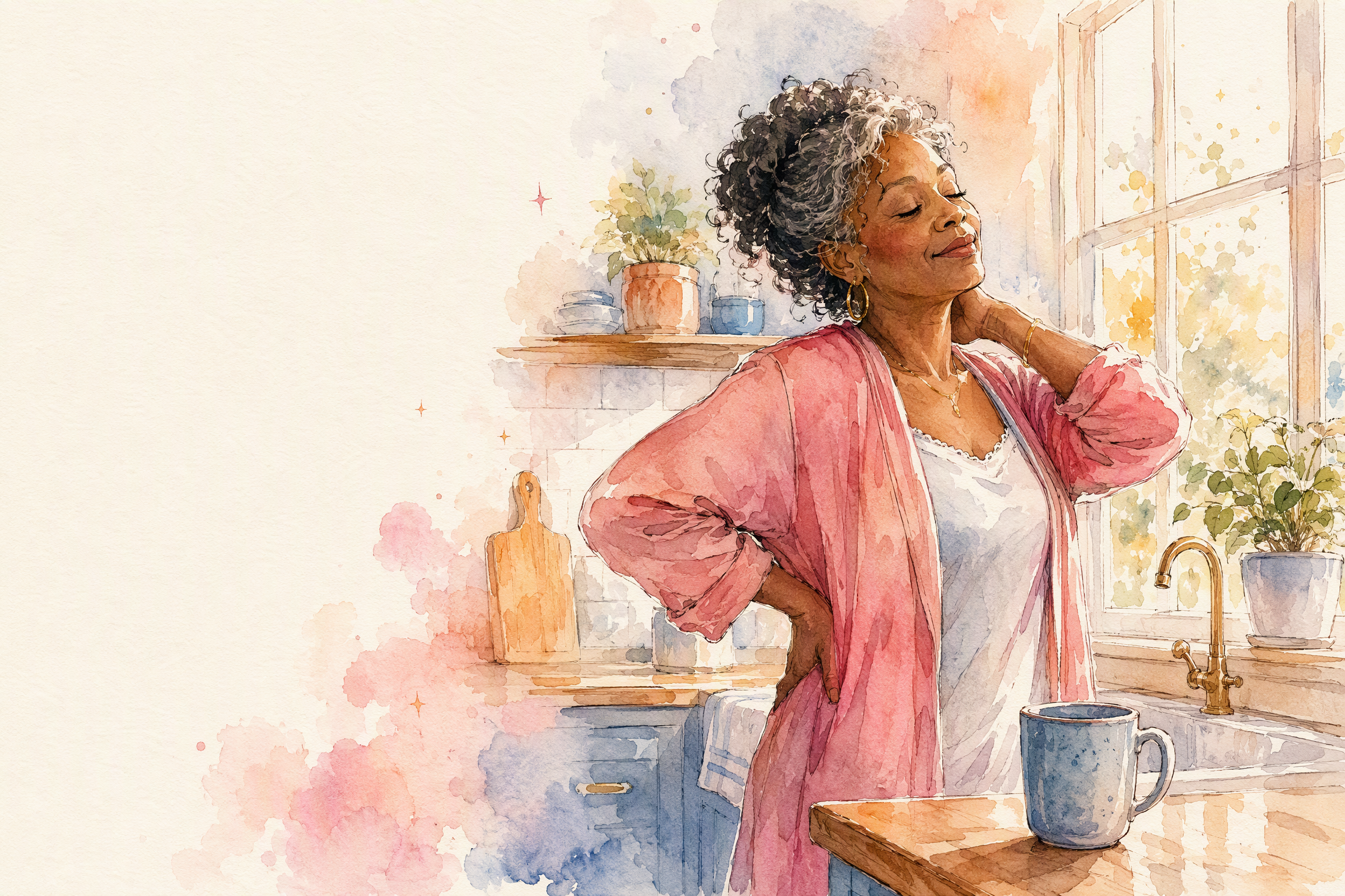 Watercolour illustration of a woman stretching at her kitchen window in the morning light