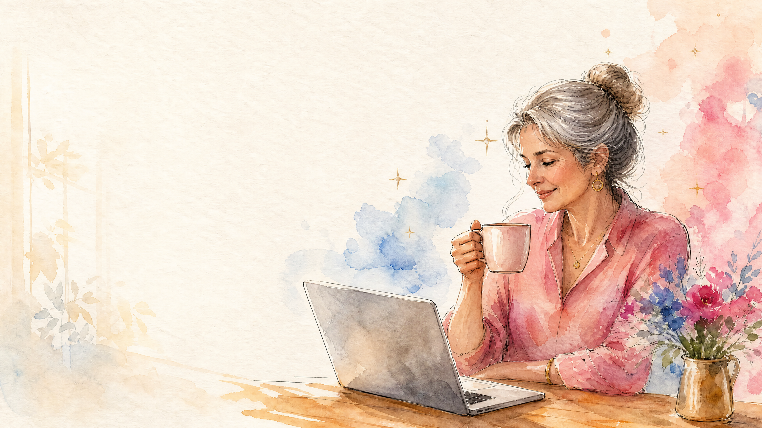 Watercolour illustration of a woman sitting back from her laptop with a cup of coffee, relaxed and smiling